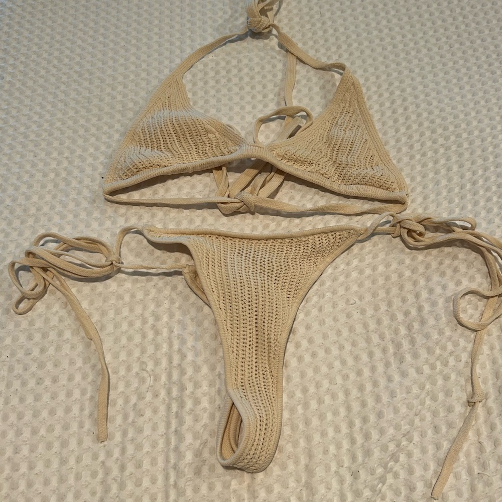 Tan Ribbed Bikini with Halter Top and High-Cut Bottom